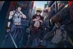  3boys abs absurdres alternate_costume chest highres inuzuka_kiba male mazjojo multiple_boys muscle naruto pecs street_gang sword tattoo uchiha_sasuke uzumaki_naruto weapon 