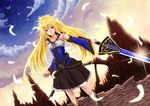  blonde_hair blue_eyes boots dress long_hair matsuri_kei original sky stars sword weapon 