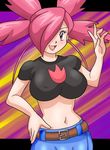  artist_request asuna_(pokemon) belt blush breasts cleavage denim gym_leader hair_over_one_eye jeans jpeg_artifacts large_breasts midriff pants pokemon red_eyes red_hair smile 