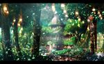 1girl building couple fantasy flower forest hetero highres holding_hands leaf letterboxed nature open_mouth original overgrown road_sign scenery sign smile stained_glass tigaa_(ixaga) tree umbrella 