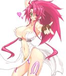  angelo_(gomahangetsu) bad_id bad_pixiv_id bare_shoulders breasts cleavage earrings fingerless_gloves gloves green_eyes gun hair_over_one_eye heart highres himeki_luna jewelry large_breasts legs long_hair maebari navel one_eye_closed pelvic_curtain pink_hair revealing_clothes side_slit solo thighs vanguard_princess weapon 