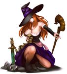  bare_shoulders breasts brown_eyes brown_hair cleavage detached_sleeves dragon's_crown dress hat hat_over_one_eye highres infinote large_breasts long_hair side_slit skeleton solo sorceress_(dragon's_crown) staff strapless strapless_dress sword weapon witch_hat 