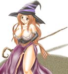  bare_shoulders blush breasts brown_eyes brown_hair cleavage curvy detached_sleeves dragon's_crown dress hat large_breasts long_hair side_slit solo sorceress_(dragon's_crown) staff strapless strapless_dress witch_hat ys_(ytoskyoku-57) 