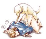  1boy anal barefoot bent_over bestiality blonde_hair bottomless canine dog doggystyle feral from_behind gay human human_on_feral interspecies keith_goodman male mammal sex simple_background tiger_&amp;_bunny unknown_artist yaoi 