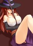  bare_shoulders between_breasts breasts brown_eyes brown_hair cleavage detached_sleeves dragon's_crown dress hat hat_over_one_eye kuro_(be_ok) large_breasts long_hair solo sorceress_(dragon's_crown) staff strapless strapless_dress witch_hat 