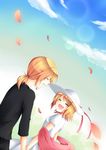  1boy 1girl blonde_hair boy boy_and_girl dress female girl hand_holding happy hinata_(kuro_usa) holding_hands kagamine_len kagamine_rin laughing male open_mouth petals ponytail prison_clothes ribbon rose_petals shawl short_hair short_sleeves shuujin/kami_hikouki_(vocaloid) sky vocaloid white_dress 