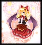  bat_wings blonde_hair bow elis_(touhou) fang flower hair_bow hair_flower hair_ornament long_hair one_eye_closed pointy_ears red_eyes solo star touhou touhou_(pc-98) viki00 wings 