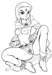  artist_request bdsm blush bondage bound breasts cameltoe cape cmaeltoe dc_comics fat_mons highres large_breasts monochrome ms-06-zaku2 nipples pubic_hair raven raven_(dc) spreader_bar teen_titans wingbird 