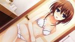  blue_eyes blush bra brown_hair dutch_angle game_cg koi_de_wa_naku lingerie makishima_yumi open_mouth panties solo tomose_shunsaku underwear underwear_only 