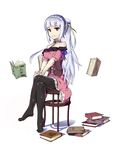  bare_shoulders book chair crossed_legs feet hairband highres meganu original pantyhose ponytail red_eyes silver_hair simple_background sitting solo 