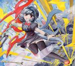  :p arrow asymmetrical_wings black_hair black_legwear dress electricity houjuu_nue panties polearm red_eyes short_hair snake solo space_craft thighhighs tongue tongue_out touhou traditional_media trident ufo underwear weapon white_panties wings yui_(calling_dr_love_m) 