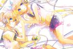  1girl blonde_hair blue_eyes brother_and_sister from_above hair_ornament hair_ribbon hairclip headphones kagamine_len kagamine_rin lying navel on_side ribbon short_hair siblings smile twins ui_(rot) vocaloid 