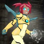  armor blue_eyes cyborg dark_skin gloves hair_ornament hairclip jetpack red_hair sari_sumdac science_fiction simple_background smile solo transformers transformers_animated twintails 