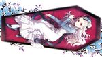  breasts coffin cushion highres long_hair nardack pantyhose red_eyes small_breasts solo sword_girls white_hair white_legwear 