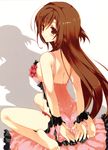  absurdres arms_behind_back ass back barefoot blush breasts brown_eyes brown_hair deliverer! feet frills highres large_breasts lingerie long_hair looking_back negligee sideboob sitting smile solo takanae_kyourin underwear wariza yufu_asuka 