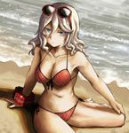  alisa_ilinichina_amiella arm_support bad_id bad_pixiv_id beach bikini blue_eyes breasts cleavage collarbone cuffs eyewear_on_head face front-tie_top frown god_eater god_eater_burst large_breasts lolicept navel outdoors plaid plaid_bikini red_bikini sand side-tie_bikini silver_hair sitting solo sunglasses swimsuit water wavy_hair 