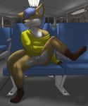  blue_hair bottomless breasts bus canine cleavage clothed clothing exhibitionism female fox green_eyes hair half-dressed mammal pantsless presenting public pussy skipsy solo yellow_shirt 