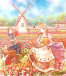  2girls :3 anko_kinako axis_powers_hetalia basket belgium_(hetalia) blonde_hair bouquet box brother_and_sister bunny colorful dress field flower flower_field green_eyes hair_ribbon heart highres house md5_mismatch miffy miffy_(character) multiple_boys multiple_girls netherlands_(hetalia) one_eye_closed ribbon scar scarf siblings southern_italy_(hetalia) spain_(hetalia) stuffed_animal stuffed_toy tree tulip windmill 