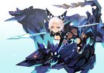  animal_ears blue_eyes breasts cleavage lance mecha medium_breasts multicolored multicolored_eyes original polearm pump_(pumpqmuq) riding smirk solo weapon white_hair wolf 