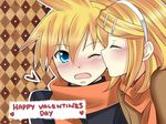  1boy 1girl blonde_hair blue_eyes blush boy boy_and_girl brother_and_sister cheek_kiss eyes_closed female girl hair_ornament hairband hairpin heart kagamine_len kagamine_rin kiss male nami_(namiko89) open_mouth scarf short_hair siblings twins valentine vocaloid 