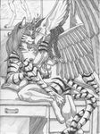  breasts eye_contact feline female greyscale gryphon interspecies looking_at_each_other male mammal monochrome nude purplegriffin sex spread_legs spreading straight table tiger 