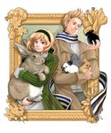  1girl axis_powers_hetalia belgium_(hetalia) blonde_hair brother_and_sister bunny coat dress frame green_hair green_hairband hair_ribbon hairband md5_mismatch netherlands_(hetalia) ribbon scarf sherry_lai siblings smile 