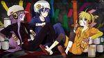  3boys aqua_eyes bass_clef belt beret blonde_hair blue_eyes boy candy fingerless_gloves gloves graffiti hat headphones highres jacket kagamine_len kaito kamui_gakupo lollipop long_hair male male_focus multiple_boys nail_polish necktie no_socks paint paint_stains pants ponytail reclining shirt shoes short_sleeves shorts sitting stain vocaloid 