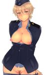  black_legwear brave_witches breasts breasts_outside brown_hair cleavage em garrison_cap grey_eyes hat medium_breasts military military_uniform naughty_face nipples open_clothes open_shirt pantyhose pubic_hair pussy shirt short_hair simple_background smile solo standing undressing uniform waltrud_krupinski world_witches_series 