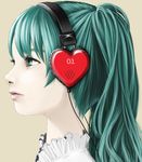  face green_eyes green_hair hatsune_miku headphones heart highres lips long_hair profile realistic solo vesper vocaloid 