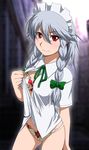  blush bow bra braid breasts dress_shirt floral_print grey_hair hair_bow hayashi_custom izayoi_sakuya lingerie long_hair maid_headdress medium_breasts panties red_eyes shirt solo teasing touhou twin_braids unbuttoned underwear 