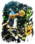  bad_id bad_pixiv_id blonde_hair blue_eyes border car dress fading_border faux_traditional_media flower from_below ground_vehicle kusanagi_kikoku motor_vehicle nature on_vehicle original short_hair smile solo standing sundress 