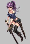  bare_shoulders black_legwear boots breasts brown_eyes cleavage long_hair medium_breasts midriff original ponytail purple_hair sheath short_shorts shorts simple_background solo sword thighhighs weapon yapo_(croquis_side) 