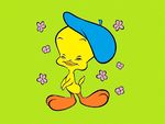  bird cute eyes_closed flower french_hat green_background looney_tunes plain_background texture_background tweety tweety_bird unknown_artist warner_brothers 