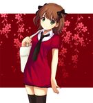  amami_haruka bag brown_hair casual dress flower green_eyes hair_ribbon idolmaster idolmaster_(classic) necktie onion_(lemlaml) petals ribbon short_dress solo thighhighs 