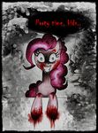  creepy cupcakes_(mlp_fanfic) english_text equine female feral friendship_is_magic fur grin horror horse insane mammal murder_face my_little_pony nightmare_fuel party_time pink_fur pinkie_pie_(mlp) pony rape_face smile solo text unknown_artist wall 