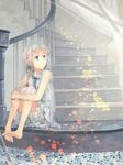  ano_hi_mita_hana_no_namae_wo_bokutachi_wa_mada_shiranai. bad_id bad_pixiv_id barefoot blue_eyes dress flower honma_meiko long_hair ribbon rookya silver_hair sitting sitting_on_stairs smile solo stairs 