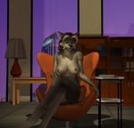  anthro big_breasts black_nose blue_eyes breasts brown_hair canine female hair mammal navel nipples nude pinup plantigrade pose room sitting solo toes two_tone_hair vic34677 white_hair wolf wolfiya 