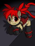  bracelet clothed clothing costume cutie_mark demon_wings disgaea ear_piercing elbow_gloves equine etna female feral friendship_is_magic fur gloves hair horse jewelry kloudmutt legwear looking_at_viewer lying mammal my_little_pony on_front penguin piercing ponification pony prinny red_eyes red_hair simple_background skull smile solo stockings yellow_fur 