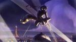  cane city cityscape glowing_eyes hat hi_res male mammal night official_art outside raccoon sly_cooper sly_cooper_(series) solo tail tower unknown_artist 