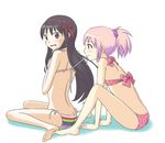  akemi_homura alternate_costume arched_back ass barefoot between_legs bikini bikini_in_another's_mouth bikini_in_mouth black_hair blush bow covering covering_breasts hair_ornament hair_ribbon hand_between_legs kaname_madoka leaning_forward lingerie long_hair looking_back mahou_shoujo_madoka_magica makoto_(dandelion) mouth_hold multicolored multicolored_stripes multiple_girls open_mouth pink_hair polka_dot polka_dot_bikini polka_dot_swimsuit ponytail purple_eyes red_eyes ribbon scrunchie short_hair side-tie_bikini simple_background sitting string_bikini striped striped_bikini striped_swimsuit summer swimsuit twintails underwear untying wariza 