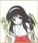  black_hair gohei hairband japanese_clothes kiki_kaikai long_hair miko mochizuki_ado ofuda open_mouth sayo_(kiki_kaikai) shikishi solo traditional_media 