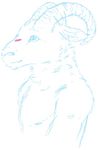  blue_and_white blush bust caprine fur horn horns male mammal monochrome neck_fluff neck_ruff nipples plain_background ram sarvix sheep sketch smile solo twiddla white_background 