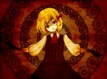  ascot blonde_hair bow darkness hair_bow head_tilt kimikagedo light_smile outstretched_arms red_eyes rumia short_hair solo spread_arms touhou 