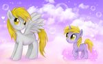  &hearts; amber_eyes annoying_watermark blonde_hair bubble bubbles cloud cub cutie_mark derpy_hooves_(mlp) dinky_hooves_(mlp) equine female feral friendship_is_magic hair horn mammal mn27 my_little_pony pegasus pink_background plain_background sparkle sparkles unicorn watermark wings yellow_eyes young 