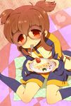  bad_id bad_pixiv_id brown_eyes brown_hair cake food fork hayami_tsurumasa inazuma_eleven_(series) inazuma_eleven_go jacket jakey looking_up male_focus otoko_no_ko plate short_hair short_twintails shorts solo twintails 