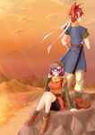  1boy 1girl beach bike_shorts blue_eyes boots chrono_(series) chrono_trigger crono female glasses headband headset helmet katana lucca_ashtear magic-wand male open_mouth pants purple_hair red_hair sheath short_hair shorts sitting spiked_hair spiky_hair sword water weapon wristband 