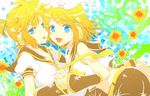  1boy 1girl :p arm_warmers bass_clef blonde_hair blouse blue_eyes blush bow boy boy_and_girl dotted fang female flower girl hair_bow hair_ornament hairpin hand_holding headphones holding_hands kagamine_len kagamine_rin lace-trimmed_blouse male necktie no_sleeves open_mouth polka-dot polka_dot ponytail sailor_collar school_uniform serafuku shirt short_hair short_sleeves shorts sleeveless sleeveless_blouse sleevless_blouse star sunflower tongue tongue_out treble_clef vocaloid white_shirt zasiki_usagi_(zasikiusa) 