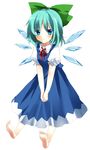  aqua_hair barefoot blue_eyes bow cirno feet fujishiro_emyu full_body hair_bow hands_together short_hair simple_background smile solo touhou v_arms wings 