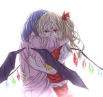  backlighting bat_wings blonde_hair blue_hair blush bow covered_mouth cowboy_shot crying crying_with_eyes_open fingernails flandre_scarlet from_behind hair_bow hug lavender_dress looking_at_viewer multiple_girls puffy_short_sleeves puffy_sleeves r-a-d-w-i-m-p-s red_eyes red_skirt red_vest remilia_scarlet shirt_grab short_hair short_sleeves siblings side_ponytail silver_hair simple_background sisters skirt tears touhou vest white_background wings 