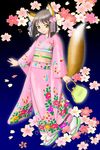  animal_ears bag cherry_blossoms fox_ears fox_tail furisode handbag japanese_clothes kimono oka_takeshi original pink_kimono sandals short_hair solo tabi tail yellow_eyes 